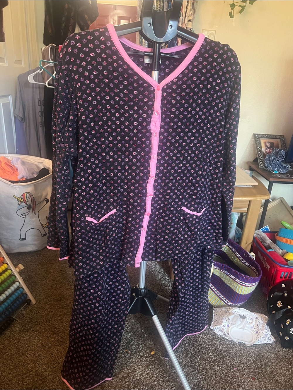 Women’s Navy Floral-Print Pajama Set with Pink Trim
